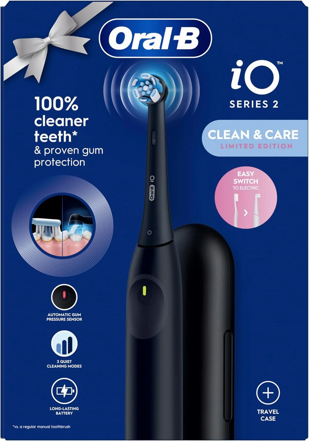 مسواک برقی Oral-B iO2، دارای 1 سری مسواک Ultimate Clean، 1 جعبه مسافرتی، مسواک برای بزرگسالان (مشکی شب)، طراحی شده توسط Braun، دوشاخه 2 پین UK