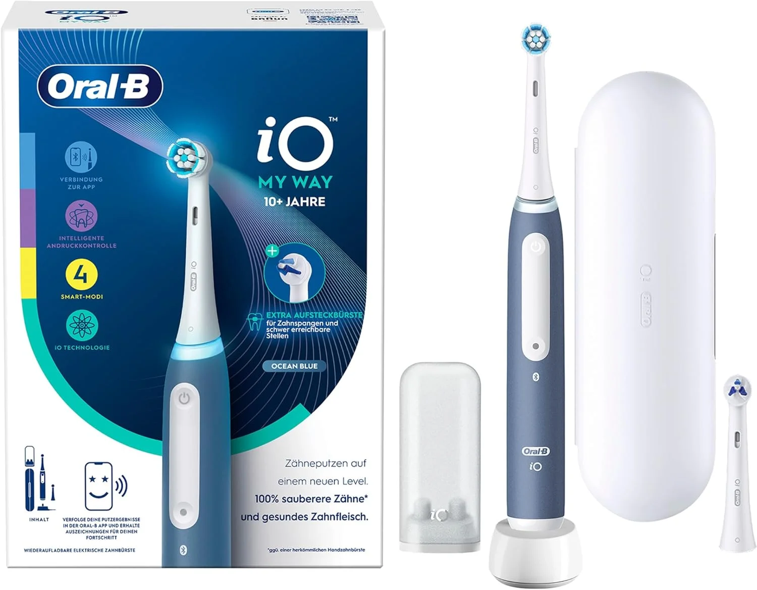مسواک برقی اورال-بی iO My Way مناسب برای افراد بالای 10 سال، دارای 4 حالت تمیز کردن برای مراقبت از دندان، به همراه یک سری برس جایگزین اضافی برای ارتودنسی، 1 عدد جعبه مسافرتی، طراحی شده توسط براون، آبی اقیانوسی