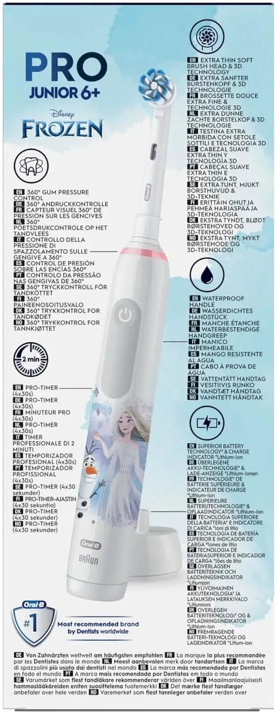 مسواک برقی کودکانه اورال-بی پرو جونیور 1 با طرح Frozen، دارای 2 سری مسواک، مناسب برای کودکان 6 سال به بالا