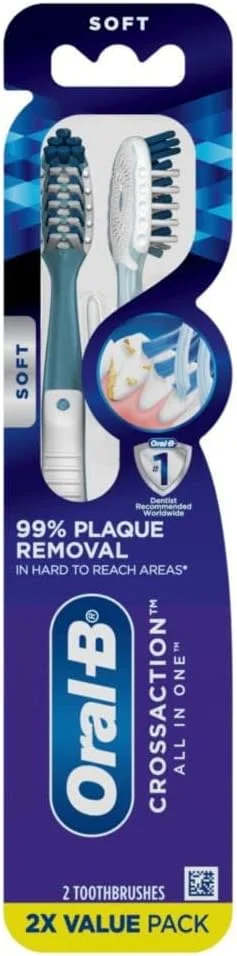 مسواک دستی اورال-بی Pro Health CrossAction، بسته 2 عددی، برس نرم، دسترسی عمیق به فضاهای تنگ، زبان شوی، مبارزه با پلاک، ملایم روی دندان ها، تحریک کننده لثه