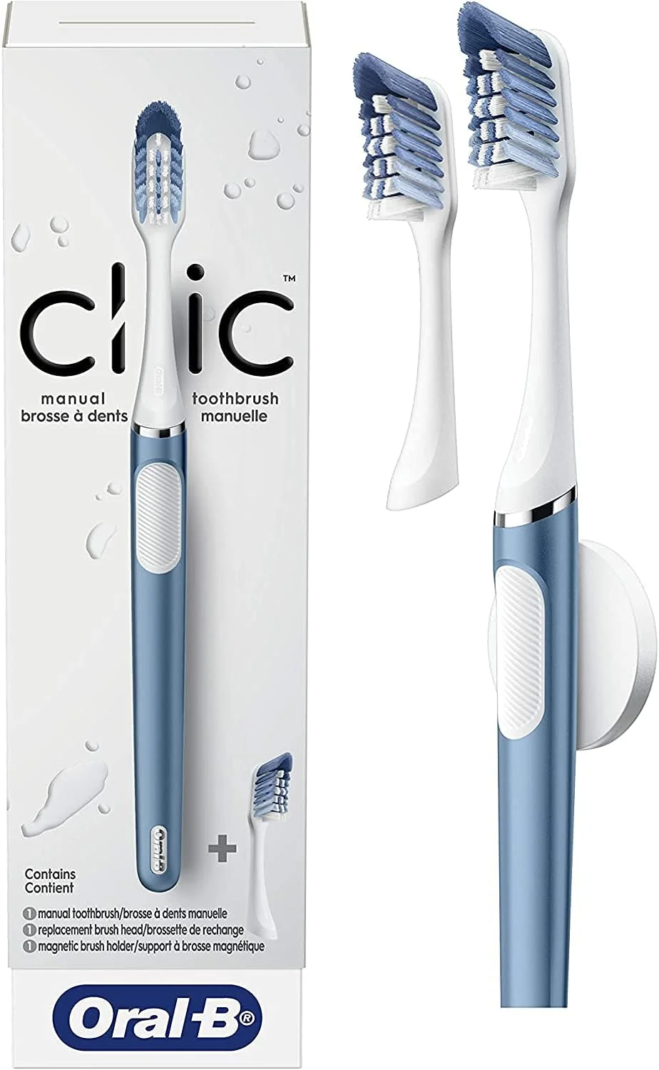 مسواک دستی Oral-B Clic، یاقوت کبود، با 2 سری برس قابل تعویض و نگهدارنده مغناطیسی مسواک