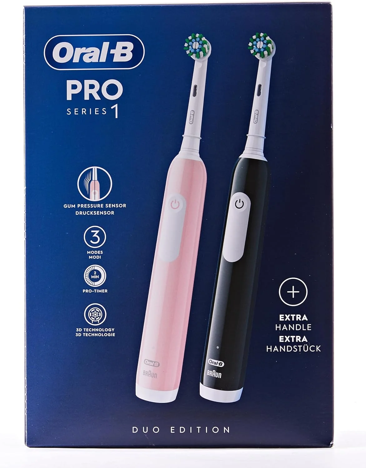مسواک برقی شارژی Oral-B Pro Series 1، دارای سنسور فشار، باتری با ماندگاری طولانی، 2 سری مسواک، 2 مسواک برقی، صورتی و مشکی، ایده هدیه