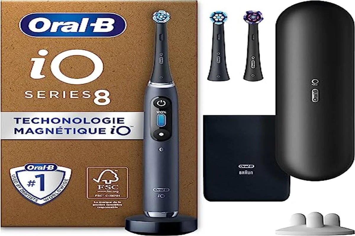 مسواک برقی Oral-B iO 8 Plus Edition با فناوری مغناطیسی، 3 سری یدک، 6 حالت تمیز کردن، صفحه نمایش رنگی و کیف مسافرتی، مشکی