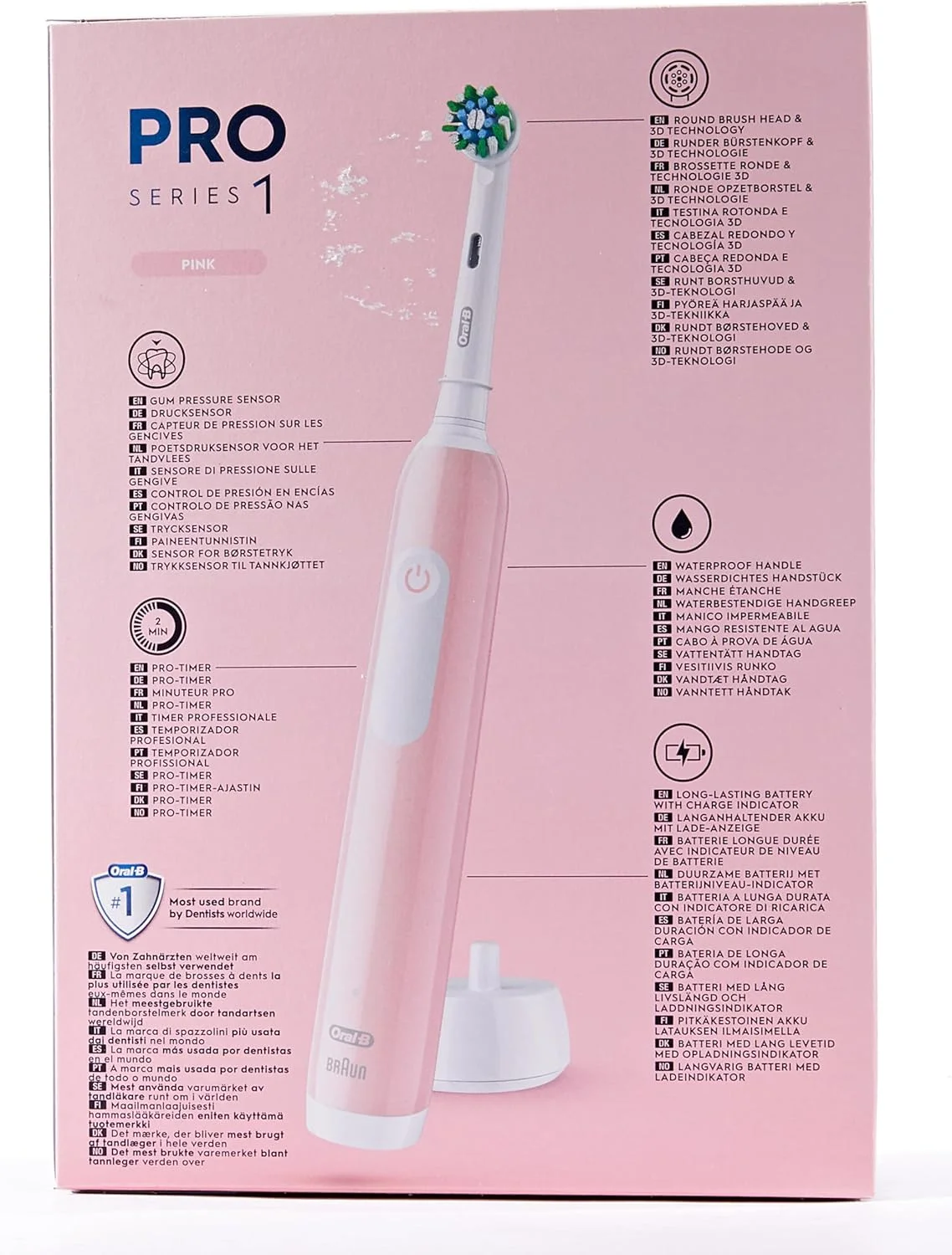 مسواک برقی شارژی Oral-B Pro Series 1، دارای سنسور فشار، باتری با ماندگاری طولانی، 2 سری مسواک، 2 مسواک برقی، صورتی و مشکی، ایده هدیه