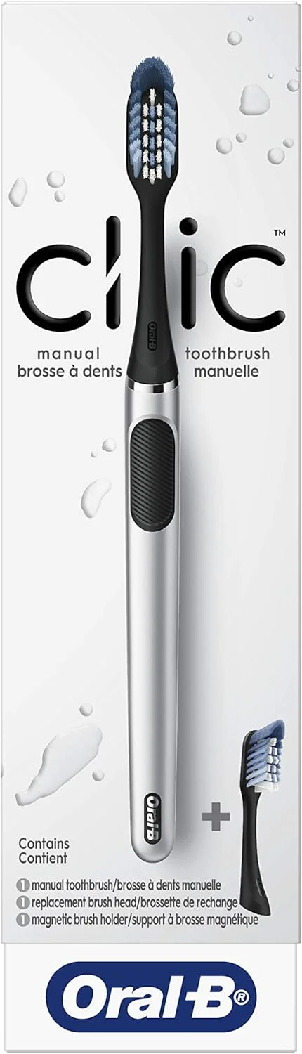 مسواک دستی اورال بی مدل Clic، مشکی کرومی، به همراه 2 سری قابل تعویض و نگهدارنده مغناطیسی