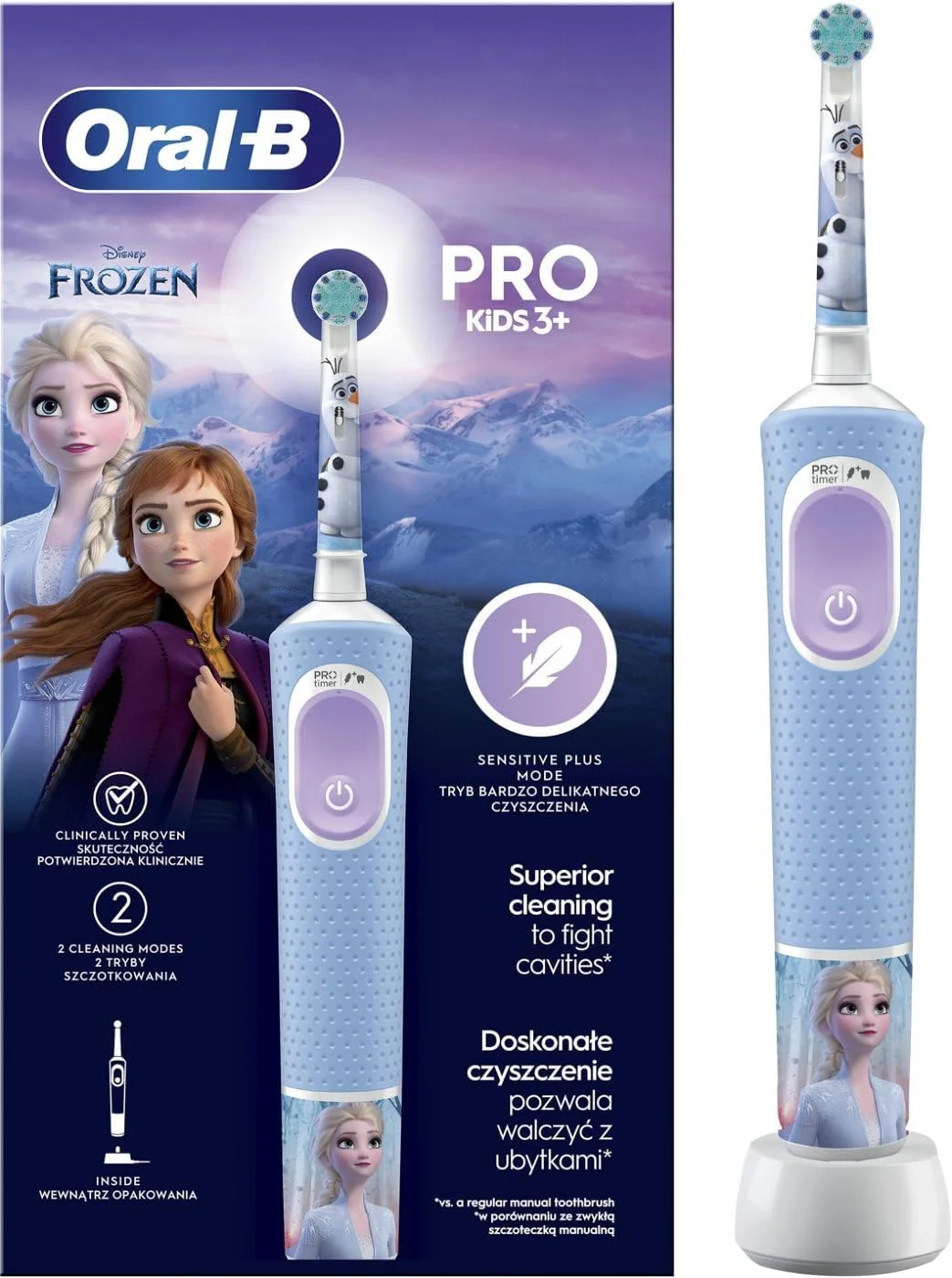 مسواک برقی چرخشی کودکانه Oral-B Vitality Pro Kids Frozen، مناسب برای کودکان دختر و پسر، آبی، صورتی، بنفش، سفید