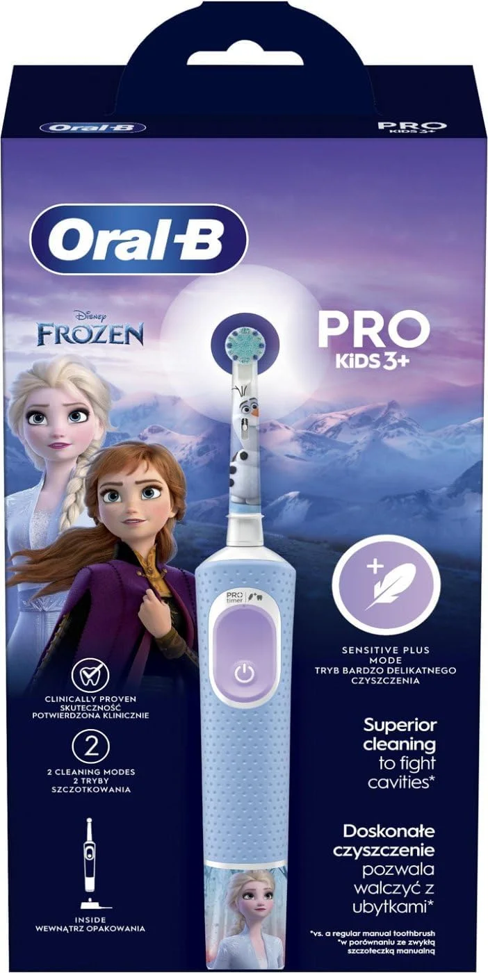 مسواک برقی چرخشی کودکانه Oral-B Vitality Pro Kids Frozen، مناسب برای کودکان دختر و پسر، آبی، صورتی، بنفش، سفید