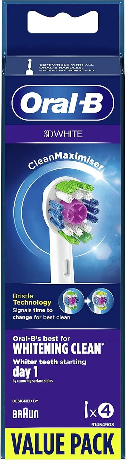 یدک مسواک برقی اورال-بی 3D White با فناوری CleanMaximiser، برس های زاویه دار برای حذف عمیق تر پلاک، بسته 4 عددی، سفید