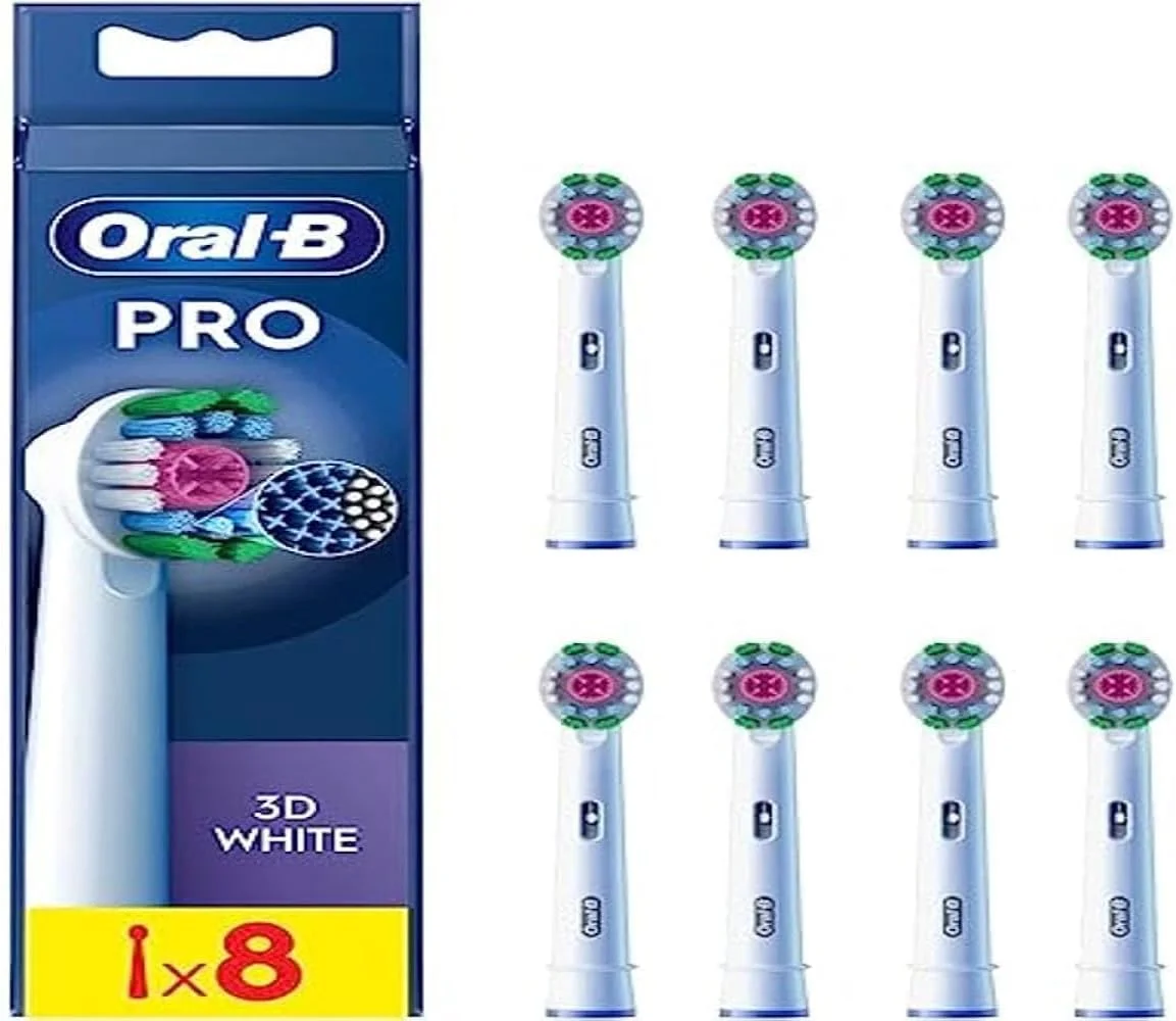 یدک مسواک برقی اورال-بی Pro 3D White، دارای الیاف X شکل و کاپ پولیش منحصربه‌فرد برای سفید کردن دندان‌ها و از بین بردن لکه‌های سطحی، بسته 8 عددی، سفید