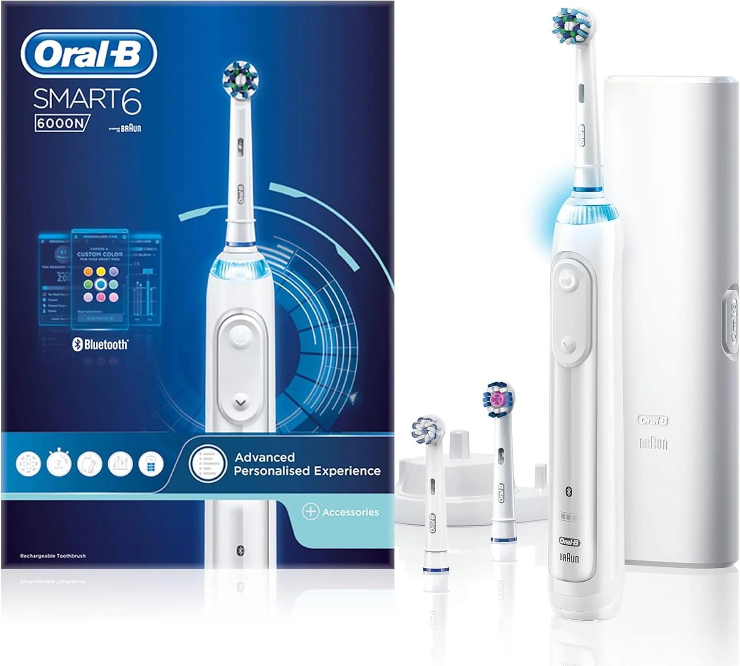 مسواک برقی هوشمند Oral-B Smart 6 برای بزرگسالان، دسته متصل به اپلیکیشن، 3 سری مسواک و کیف مسافرتی، 5 حالت، سفید کننده دندان، دوشاخه UK 2 پین، 6000N
