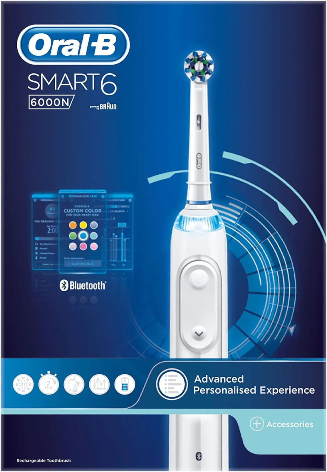مسواک برقی هوشمند Oral-B Smart 6 برای بزرگسالان، دسته متصل به اپلیکیشن، 3 سری مسواک و کیف مسافرتی، 5 حالت، سفید کننده دندان، دوشاخه UK 2 پین، 6000N