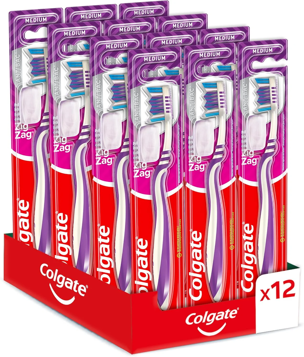 مسواک زیگ زاگ با برس متوسط کلگیت، دارای الیاف با زوایای مختلف، 12 عدد