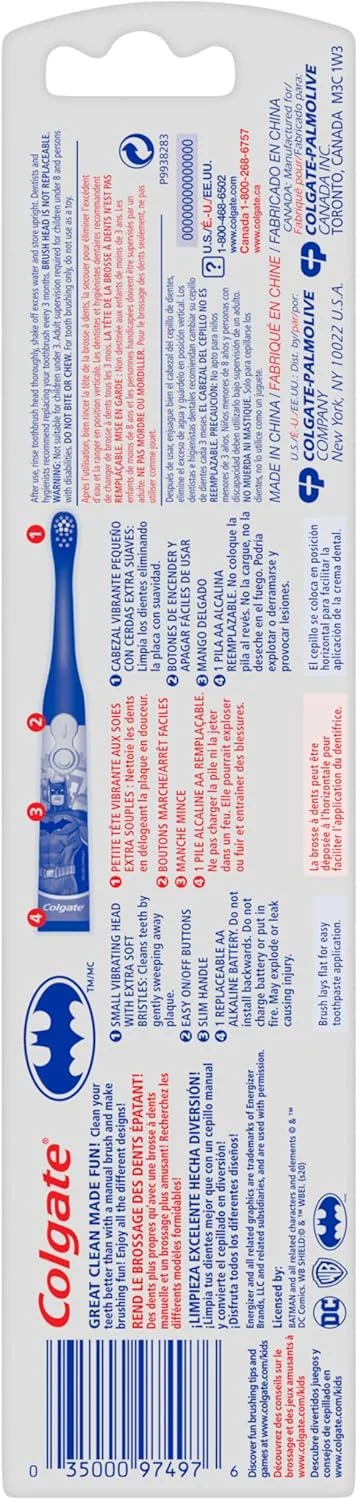 مسواک باتری خور کودکانه کلگیت، بتمن، مسواک فوق العاده نرم، 3 سال به بالا، 1 عدد، رنگ ها ممکن است متفاوت باشند مسواک باتری خور کودکانه کلگیت، بتمن، مسواک فوق العاده نرم، 3 سال به بالا، 1 عدد، رنگ ها ممکن است متفاوت باشند