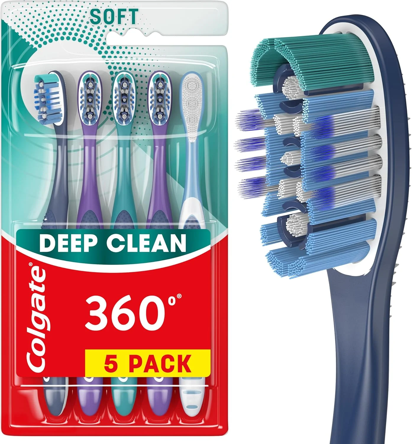 مسواک کلگیت 360 درجه تمیز کننده کامل دهان، مسواک نرم بزرگسالان، بسته 5 عددی