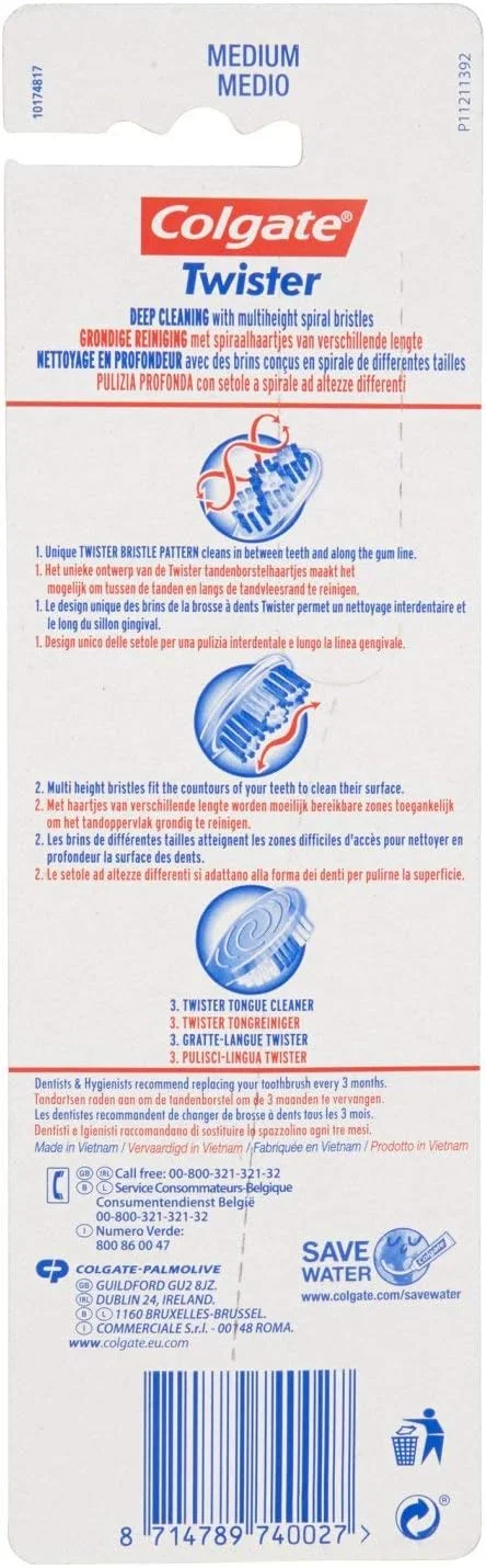 مسواک دستی متوسط کلگیت تویستر فرش، بسته 2 عددی، تمیزکننده چند بعدی، باکتری های مولد بو را از بین می برد، بین دندان ها و در امتداد خط لثه را تمیز می کند، برای تنفس تازه تر عمیقا تمیز می کند.