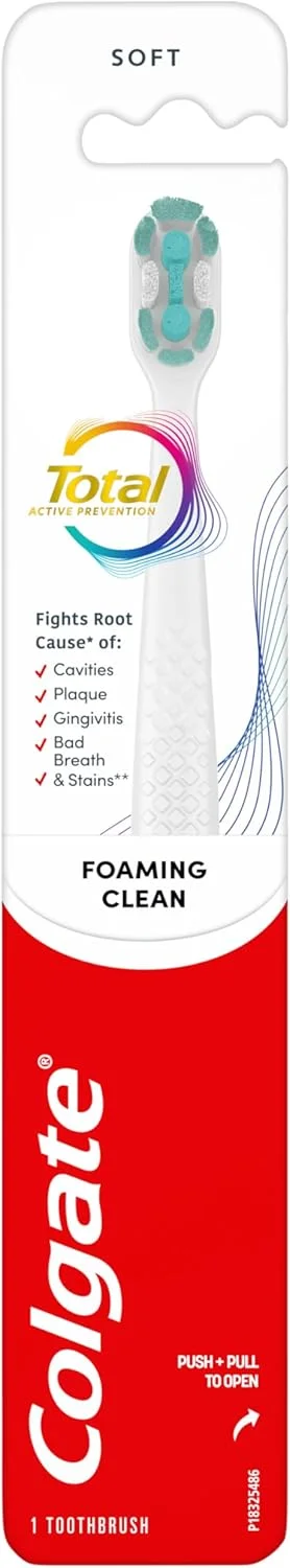 مسواک نرم فومینگ کلین کلگیت توتال اکتیو پروونشن، مسواک با برس نرم برای حذف پلاک، کمک به دسترسی عمیق تر در امتداد خط لثه و بین دندان ها، سفید، 1 عدد