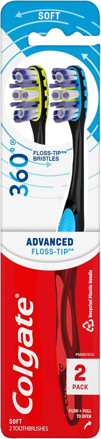 مسواک بزرگسالان کلگیت 360° با برس نرم و نوک نخ دندان، بسته 2 عددی