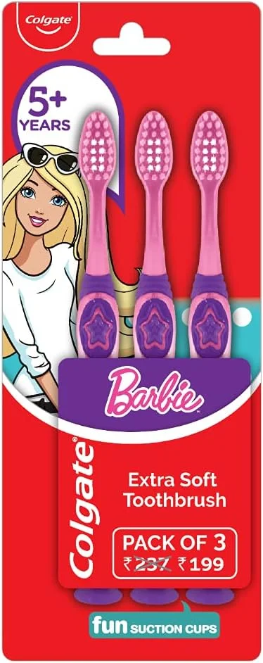مسواک دستی کودکانه کلگیت باربی، بسیار نرم با تمیز کننده زبان، مسواک ایده آل برای کودکان 5 سال به بالا، چند رنگ (بسته پیشنهادی 3 عددی)