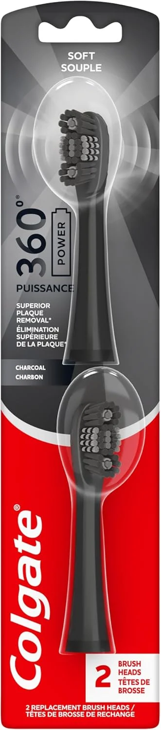 سری یدک مسواک برقی کلگیت 360 با زغال، سازگار با هر مسواک باتری‌دار 360، دارای برس‌های نرم و پولیش لاستیکی روی هر سری یدک، بسته 2 عددی