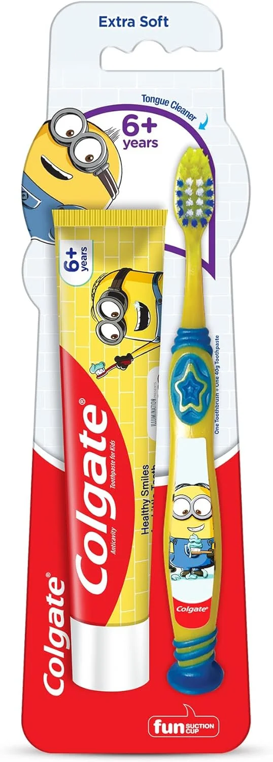 مسواک کودک کلگیت (6+ سال) طرح مینیون، بسیار نرم با تمیز کننده زبان - 1 عدد و خمیر دندان مینیون - 40 گرم