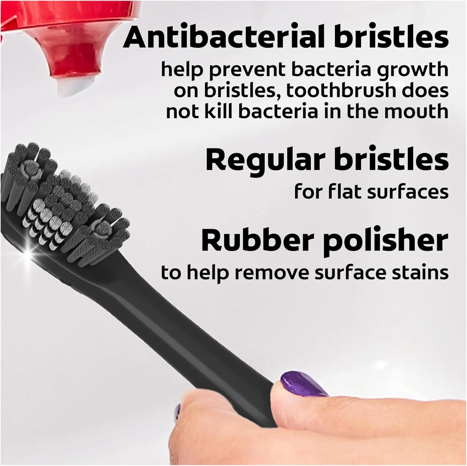 سری یدک مسواک برقی کلگیت 360 با زغال، سازگار با هر مسواک باتری‌دار 360، دارای برس‌های نرم و پولیش لاستیکی روی هر سری یدک، بسته 2 عددی