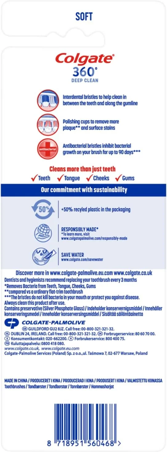 مسواک نرم کلگیت 360 با پاکسازی عمیق، بسته 4 عددی | از بین برنده باکتری ها از دندان، زبان، گونه ها و لثه | دارای برس های بین دندانی برای تمیز کردن بین دندان ها | کاپ های پولیش کننده برای از بین بردن پلاک | برس های ضد باکتری* مسواک نرم کلگیت 360 با پاکسازی عمیق، بسته 4 عددی | از بین برنده باکتری ها از دندان، زبان، گونه ها و لثه | دارای برس های بین دندانی برای تمیز کردن بین دندان ها | کاپ های پولیش کننده برای از بین بردن پلاک | برس های ضد باکتری*
