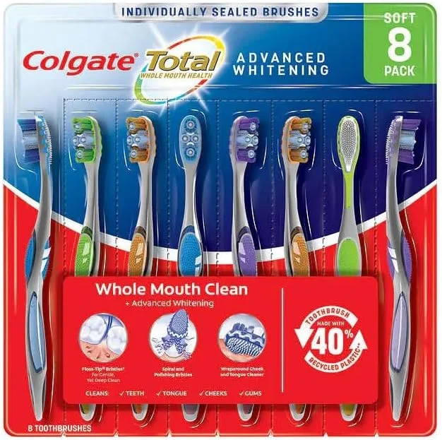 مسواک کلگیت توتال، بهداشت کامل دهان، سفید کننده پیشرفته، برس های نرم با نوک نخ دندان، تمیز کننده گونه و زبان، برس های مارپیچی - 8 عدد مسواک کلگیت توتال، بهداشت کامل دهان، سفید کننده پیشرفته، برس های نرم با نوک نخ دندان، تمیز کننده گونه و زبان، برس های مارپیچی - 8 عدد