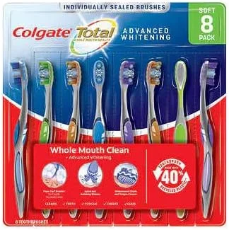 مسواک کلگیت توتال، بهداشت کامل دهان، سفید کننده پیشرفته، برس های نرم با نوک نخ دندان، تمیز کننده گونه و زبان، برس های مارپیچی - 8 عدد مسواک کلگیت توتال، بهداشت کامل دهان، سفید کننده پیشرفته، برس های نرم با نوک نخ دندان، تمیز کننده گونه و زبان، برس های مارپیچی - 8 عدد