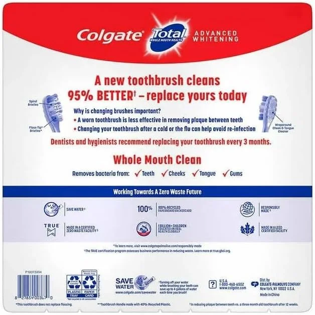 مسواک کلگیت توتال، بهداشت کامل دهان، سفید کننده پیشرفته، برس های نرم با نوک نخ دندان، تمیز کننده گونه و زبان، برس های مارپیچی - 8 عدد مسواک کلگیت توتال، بهداشت کامل دهان، سفید کننده پیشرفته، برس های نرم با نوک نخ دندان، تمیز کننده گونه و زبان، برس های مارپیچی - 8 عدد