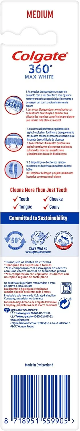 مسواک کلگیت مکس وایت 360 با برس متوسط، سفید کننده دندان، از بین برنده لکه ها، تمیز کننده نقاط دور از دسترس، تمیز کننده زبان و گونه، از بین برنده بوی بد دهان مسواک کلگیت مکس وایت 360 با برس متوسط، سفید کننده دندان، از بین برنده لکه ها، تمیز کننده نقاط دور از دسترس، تمیز کننده زبان و گونه، از بین برنده بوی بد دهان