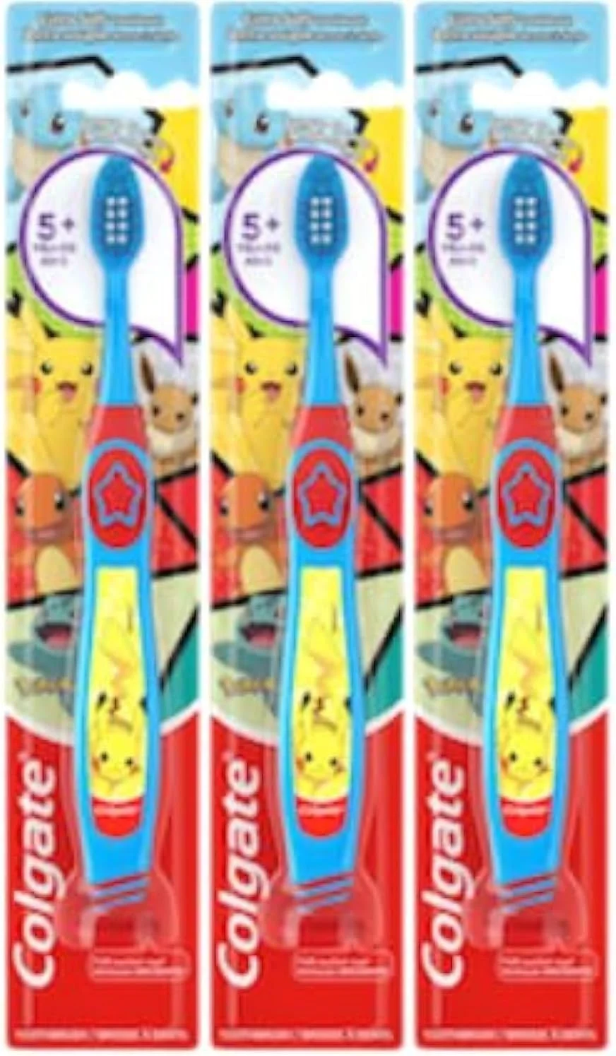 مسواک کودکانه کلگیت طرح پوکمون با پایه مکنده، مناسب کودکان 5 سال به بالا، برس خیلی نرم (رنگ ها و شخصیت ها متنوع) - بسته 3 عددی