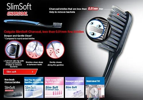 مسواک کلگیت اسلیم سافت با برس های بسیار نرم و نازک ذغالی 0.01 میلی متر، بسته 3 عددی