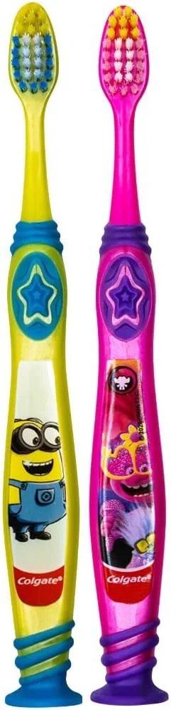 مسواک کودکانه کلگیت طرح مینیون ها و ترول ها با پایه مکنده، مناسب کودکان 5 سال به بالا، برس خیلی نرم (رنگ ها متنوع) - بسته 2 عددی