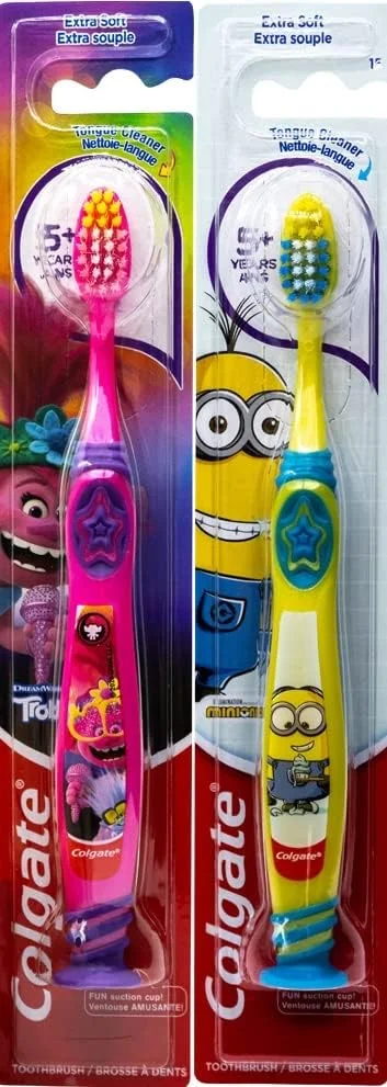 مسواک کودکانه کلگیت طرح مینیون ها و ترول ها با پایه مکنده، مناسب کودکان 5 سال به بالا، برس خیلی نرم (رنگ ها متنوع) - بسته 2 عددی مسواک کودکانه کلگیت طرح مینیون ها و ترول ها با پایه مکنده، مناسب کودکان 5 سال به بالا، برس خیلی نرم (رنگ ها متنوع) - بسته 2 عددی