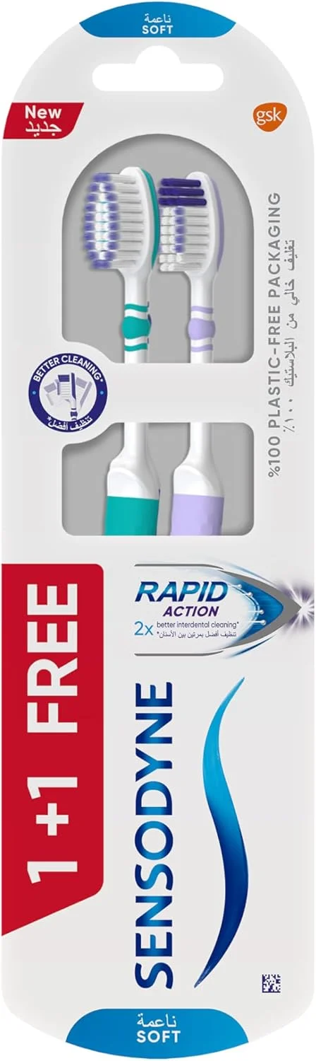 مسواک سنسوداین، بسته خانواده، عملکرد سریع، بسته بندی بدون پلاستیک، کنترل فشار 2 برابر بهتر، با برس نرم، رنگ های متنوع، 2 عدد