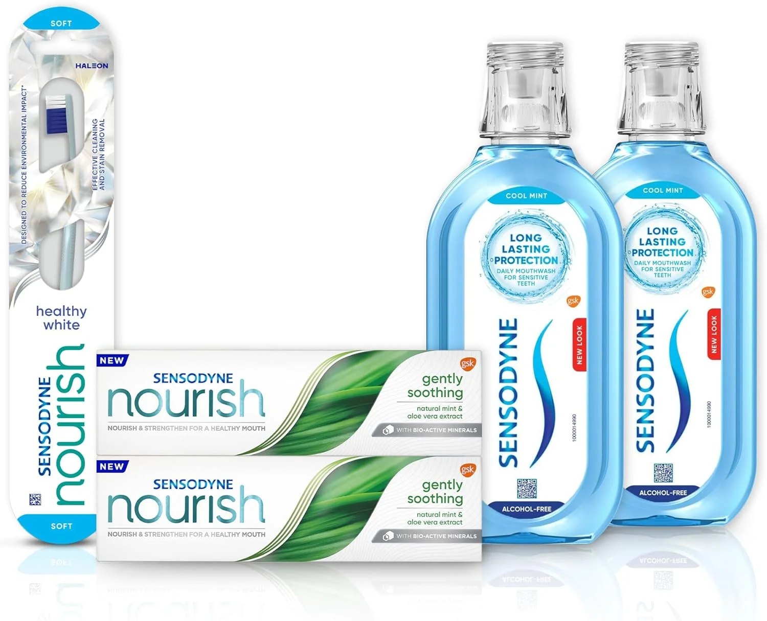 مجموعه خمیر دندان، مسواک و دهانشویه سنسوداین - 2 عدد خمیر دندان Nourish، 2 عدد دهانشویه و 1 عدد مسواک - رژیم مراقبت از دندان برای دندان های حساس با عملکرد مواد معدنی فعال زیستی