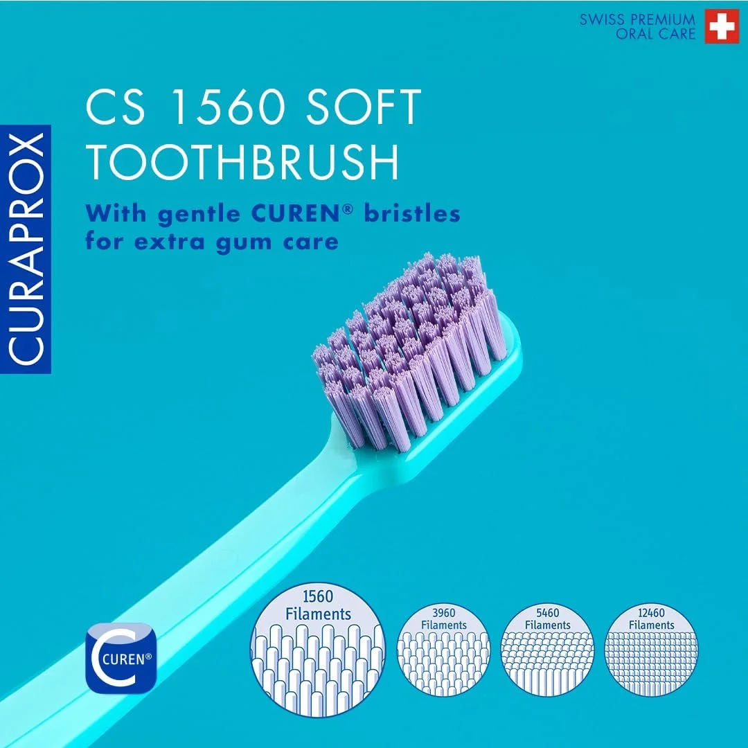 مسواک نرم Curaprox CS 1560 I رشته های فوق العاده نرم CUREN® برای لثه ها و دندان های حساس I ساخت سوئیس I حذف موثر پلاک I تک عددی