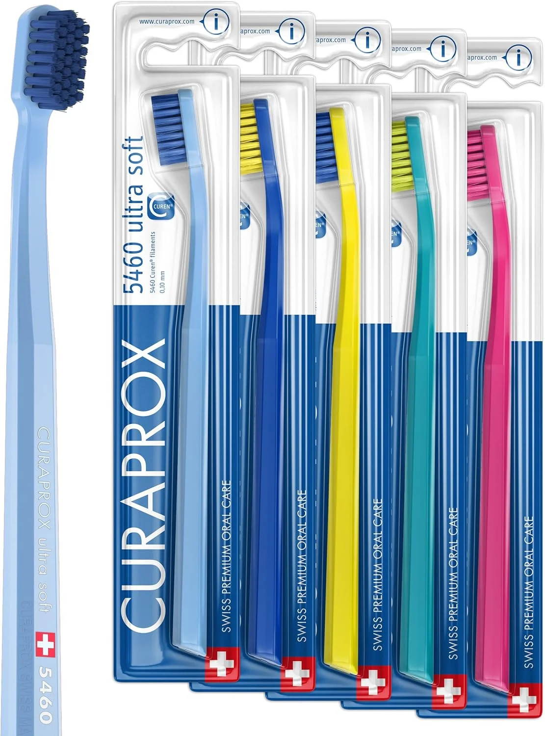 مسواک فوق نرم Curaprox CS 5460 با 5460 رشته Curen فوق نرم - مسواک دستی برای بزرگسالان - بسته 5 عددی، رنگ تصادفی