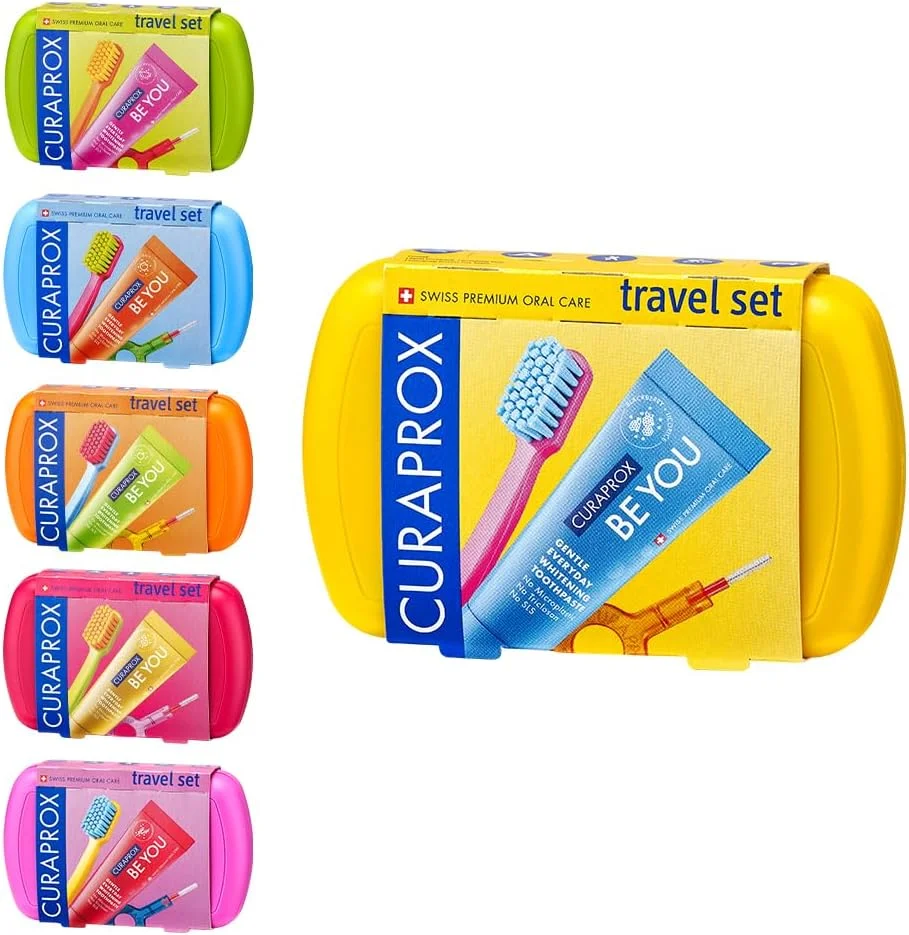 ست مسافرتی Curaprox شامل مسواک مسافرتی CS 5460، خمیر دندان 10 میلی لیتری Be You، برس های بین دندانی CPS Prime 07 & 09 | کیت مراقبت از دهان و دندان جمع و جور برای سفر
