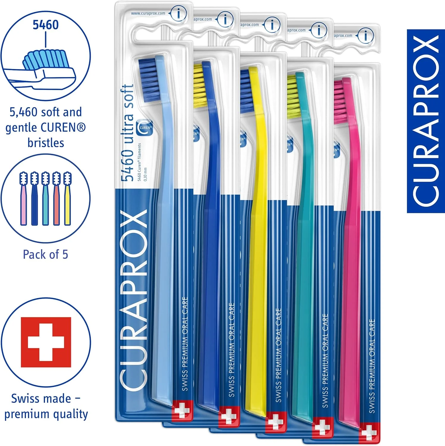 مسواک فوق نرم Curaprox CS 5460 با 5460 رشته Curen فوق نرم - مسواک دستی برای بزرگسالان - بسته 5 عددی، رنگ تصادفی