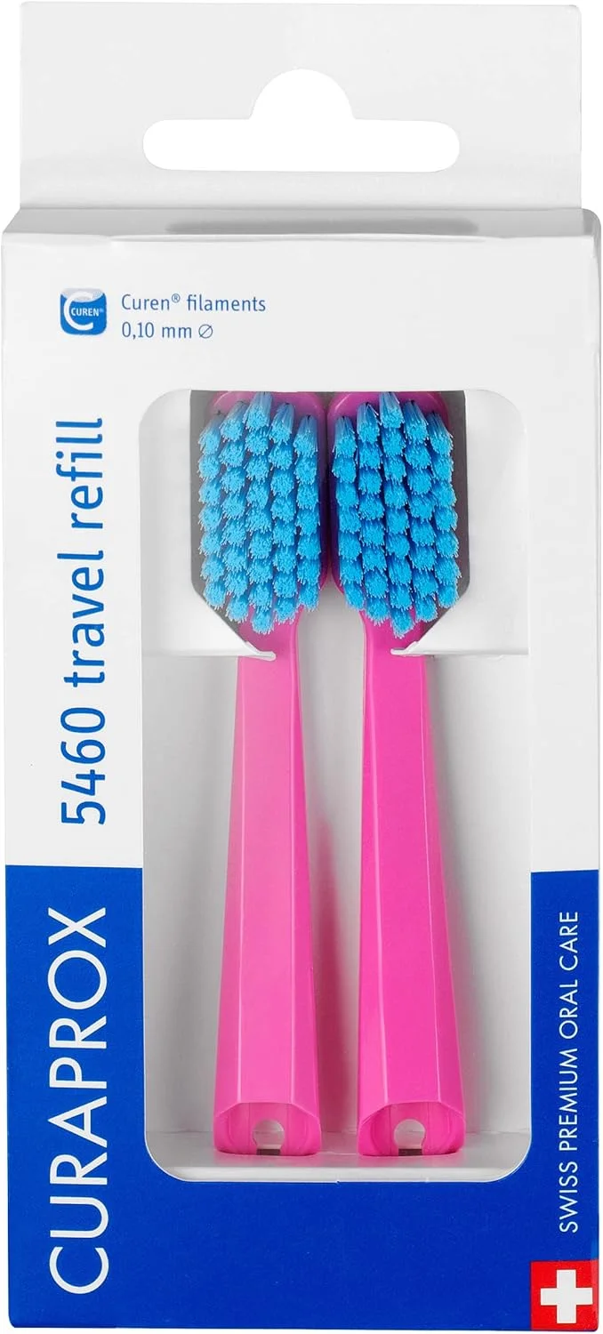 سری یدک مسواک مسافرتی Curaprox CS 5460 | سری یدک فوق العاده نرم برای لثه های حساس، تمیز کردن ملایم، بسته 2 عددی، رنگ های متنوع