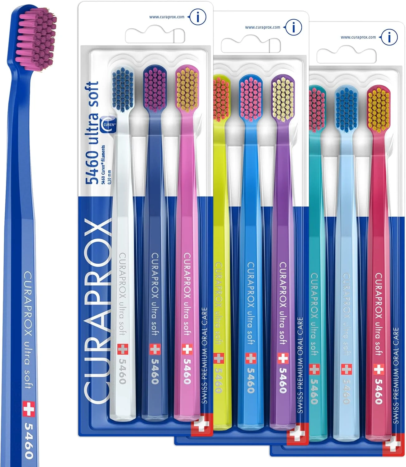 مسواک فوق العاده نرم Curaprox CS 5460 - مسواک دستی بزرگسالان با 5460 برس فوق العاده نرم Curen - بسته 9 عددی، رنگ تصادفی