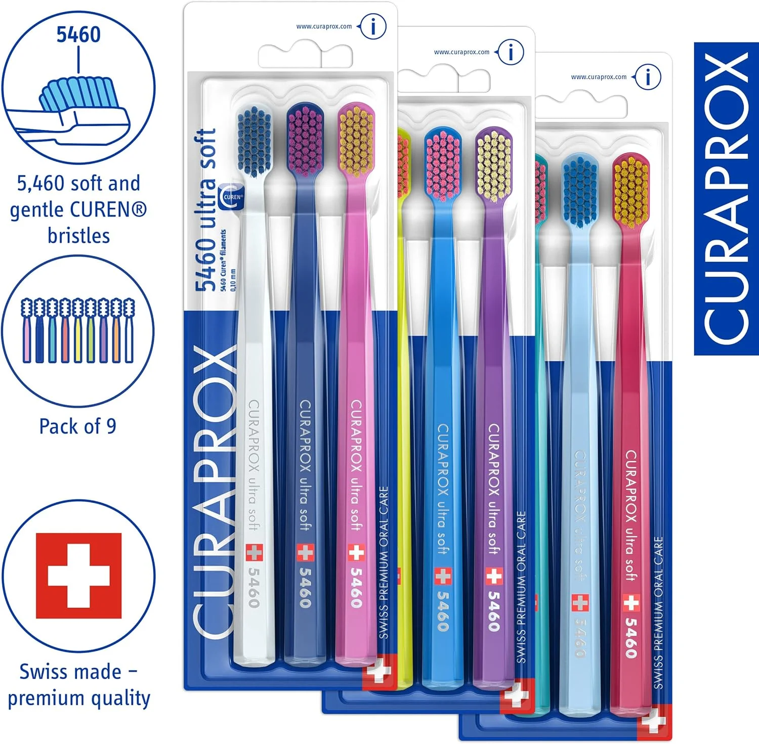 مسواک فوق العاده نرم Curaprox CS 5460 - مسواک دستی بزرگسالان با 5460 برس فوق العاده نرم Curen - بسته 9 عددی، رنگ تصادفی