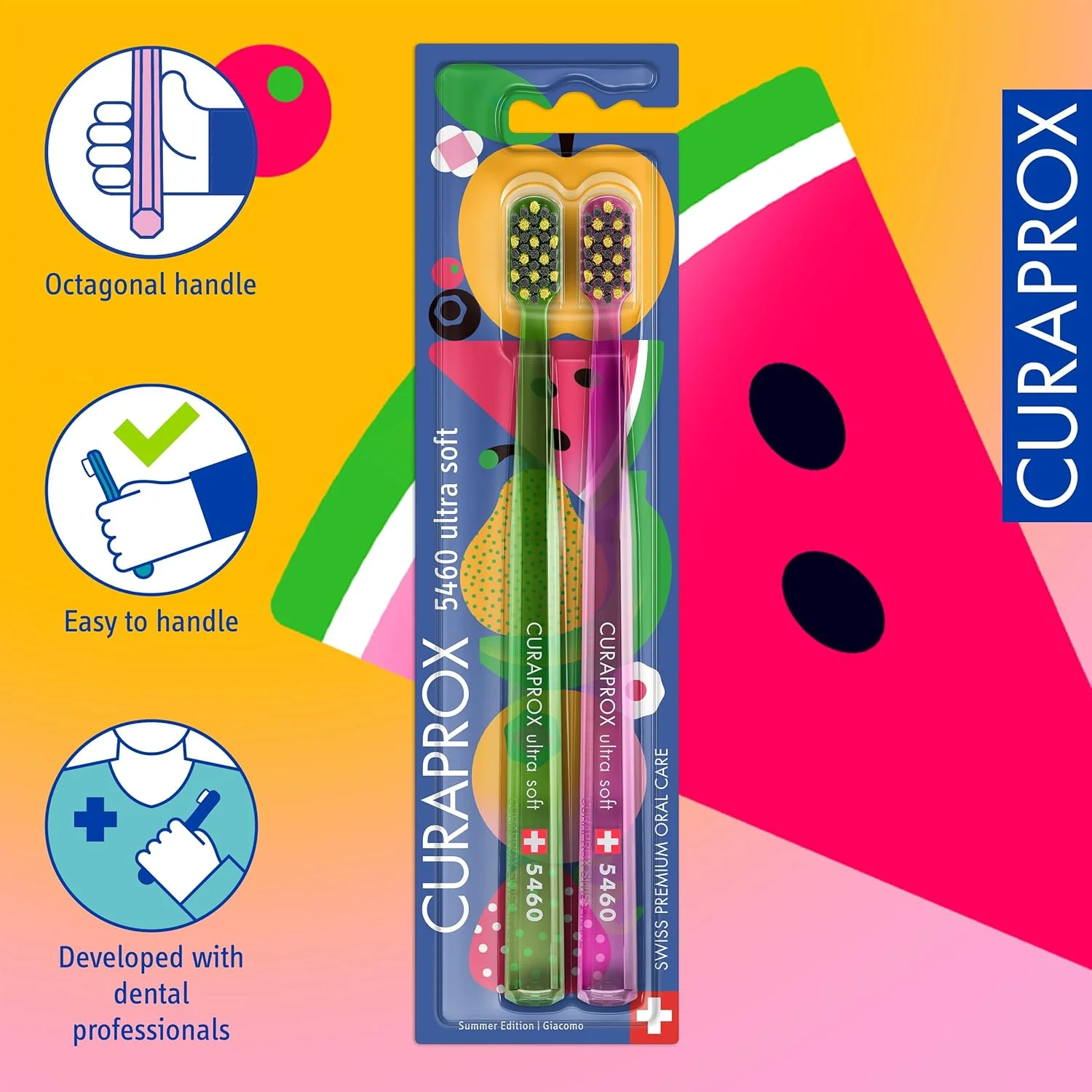 مسواک دستی کوراپراکس - مراقبت از لثه و مینای دندان بزرگسالان | طراحی تابستانی توسط جاکومو بانارا | بسته دوتایی نسخه محدود مسواک دستی کوراپراکس - مراقبت از لثه و مینای دندان بزرگسالان | طراحی تابستانی توسط جاکومو بانارا | بسته دوتایی نسخه محدود