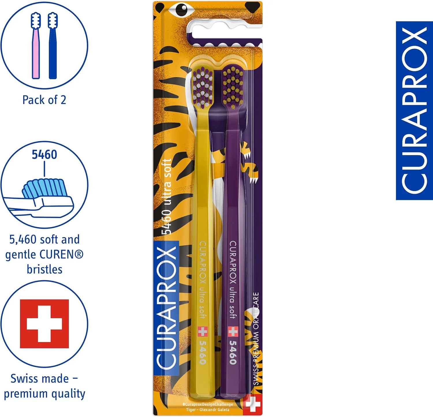 مسواک دستی فوق نرم Curaprox CS 5460 نسخه ویژه ببر بسته 2 عددی مسواک دستی فوق نرم Curaprox CS 5460 نسخه ویژه ببر بسته 2 عددی