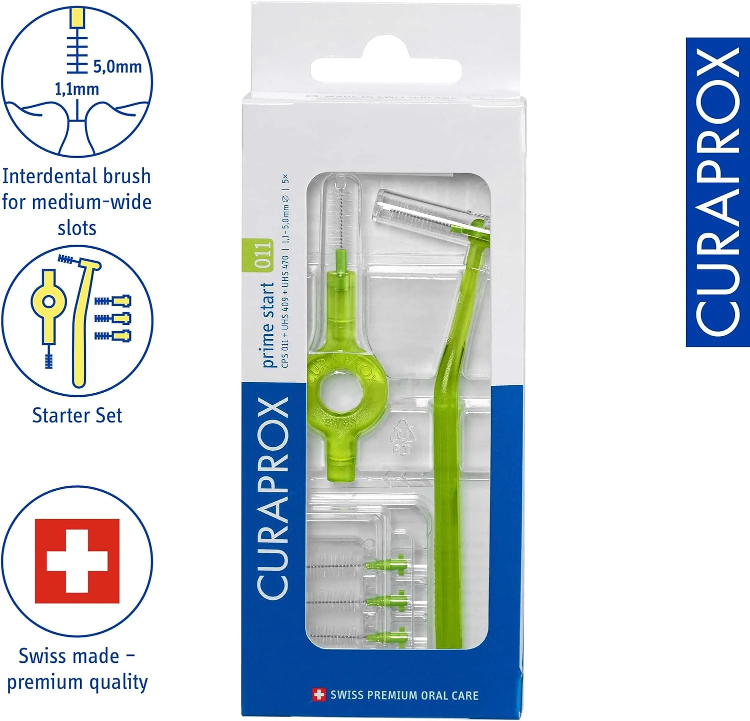 ست برس بین دندانی Curaprox CPS 011 Prime Start، ست استارتر با 5 برس، 2 نگهدارنده مختلف، سبز، قطر 1.1 میلی متر، کارایی 5 میلی متر ست برس بین دندانی Curaprox CPS 011 Prime Start، ست استارتر با 5 برس، 2 نگهدارنده مختلف، سبز، قطر 1.1 میلی متر، کارایی 5 میلی متر