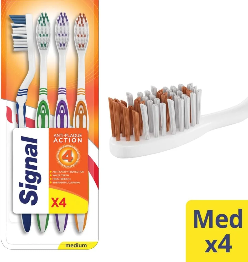 مسواک سیگنال ضد پلاک، پاک کننده ملایم دندان و ماساژ دهنده لثه، متوسط، محافظت ضد پوسیدگی، بسته 4 عددی