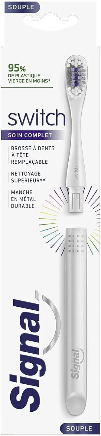 مسواک نرم سیگنال سوییچ Complete Care، دسته فلزی قابل استفاده مجدد، سرهای قابل تعویض 100% قابل بازیافت، مشکی یا نقره ای، کیت استارتر (دسته + سر) x1 مسواک نرم سیگنال سوییچ Complete Care، دسته فلزی قابل استفاده مجدد، سرهای قابل تعویض 100% قابل بازیافت، مشکی یا نقره ای، کیت استارتر (دسته + سر) x1