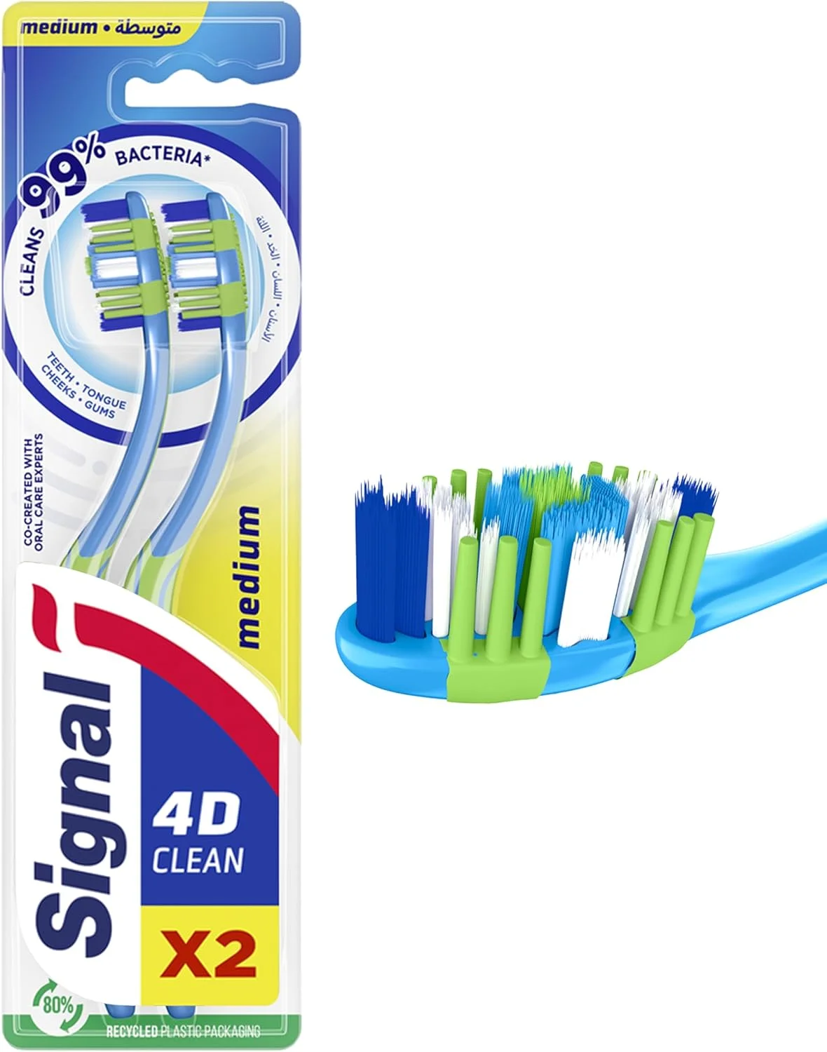 مسواک مدیوم سیگنال 4D، تمیز کننده، از بین برنده 99% باکتری ها، تمیز کنندگی تا 3.5 برابر بیشتر، دسته راحت ضد لغزش، 2 عدد در بسته مسواک مدیوم سیگنال 4D، تمیز کننده، از بین برنده 99% باکتری ها، تمیز کنندگی تا 3.5 برابر بیشتر، دسته راحت ضد لغزش، 2 عدد در بسته