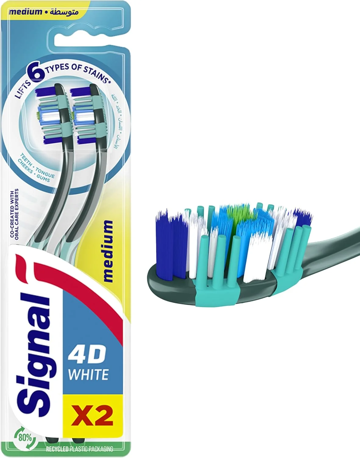 مسواک سیگنال 4D متوسط، سفید، از بین برنده 99% باکتری ها، از بین برنده 6 نوع لکه، 2 عدد در بسته